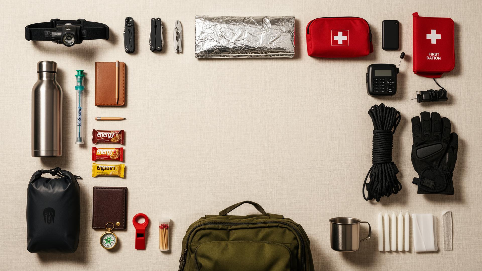 Top-down knolling diagram of a complete preparedness go-bag with the Readiness Assistant chat at the centre